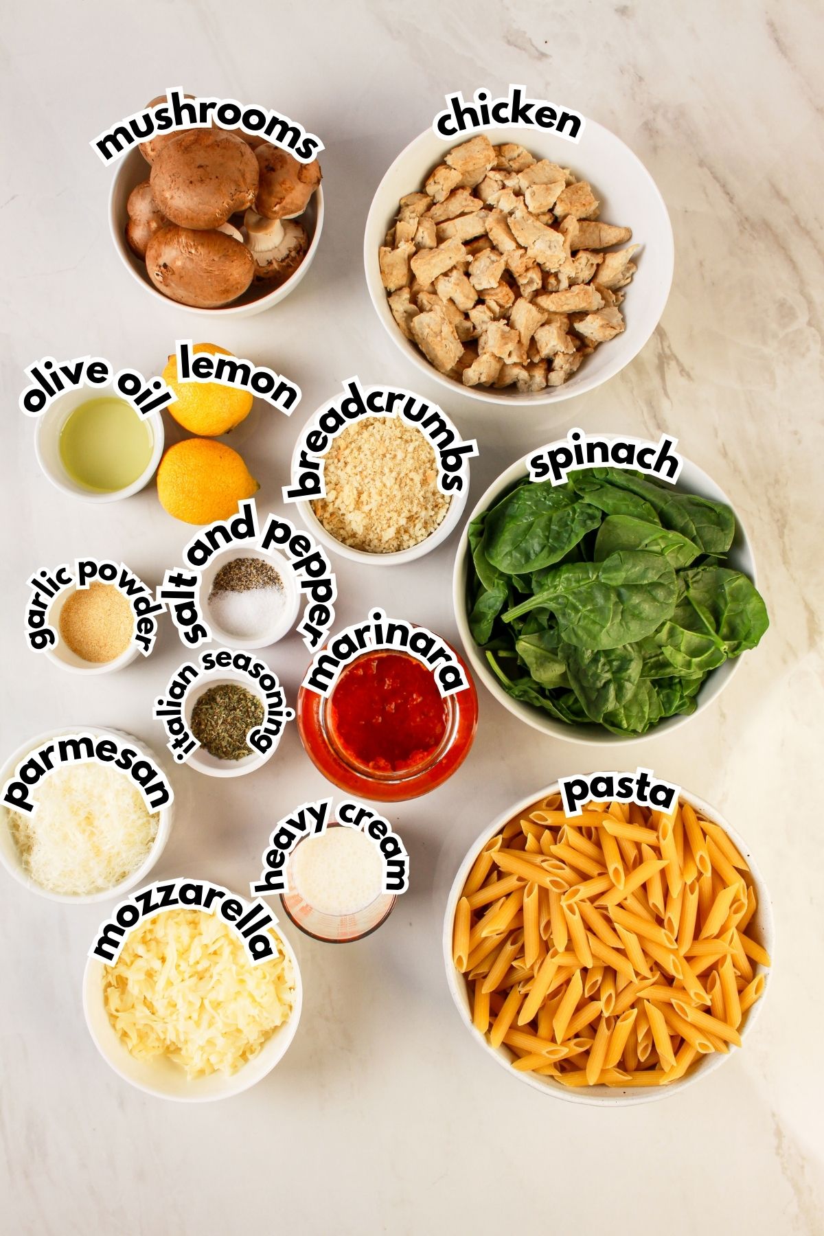 Bowls of ingredients labelled with text.