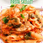 Serving of chicken parmesan pasta skillet on a small plate.