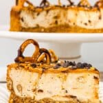 Pinterest image that reads chocolate peanut butter pretzel cheesecake