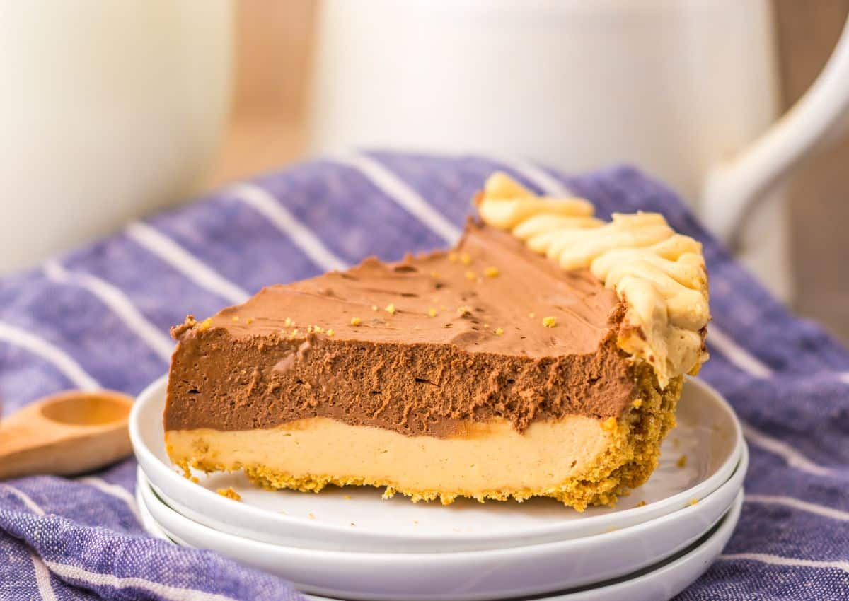 Slice of peanut butter pie on a plate.