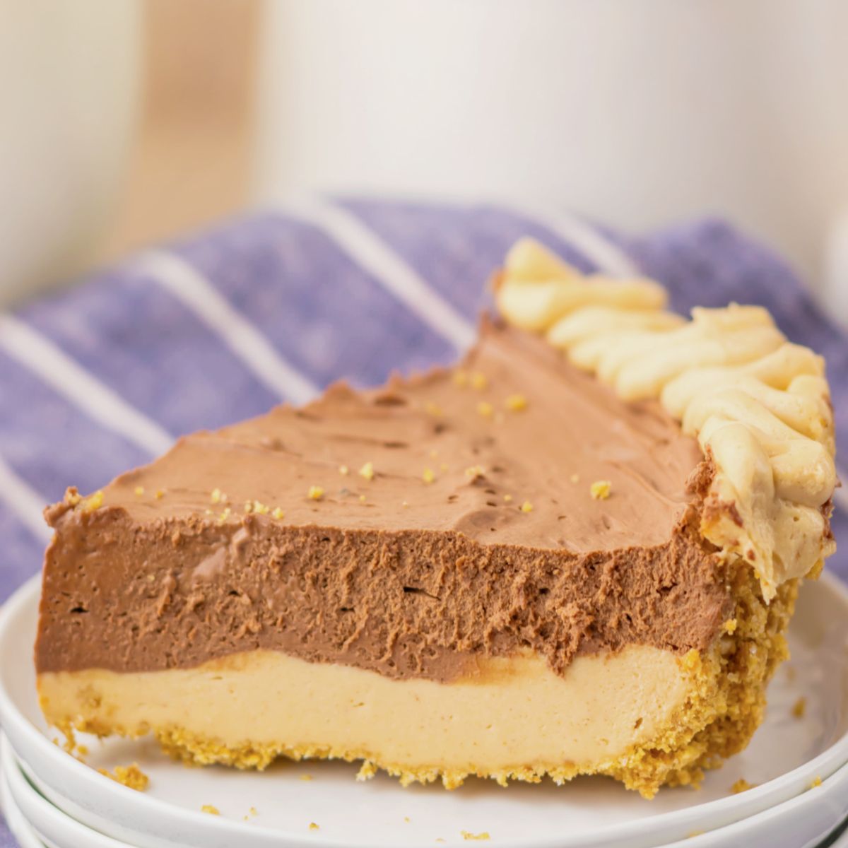 Slice of peanut butter pie on a plate.