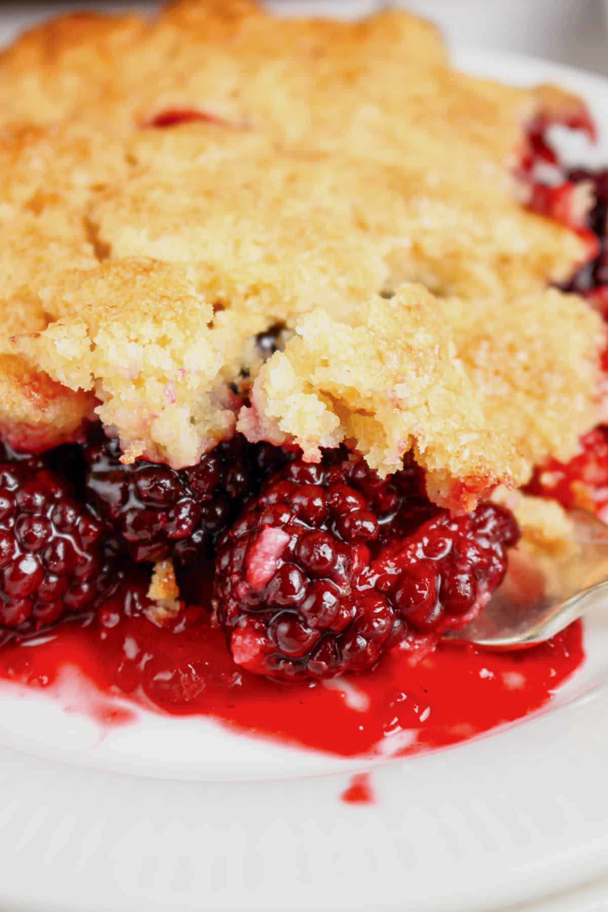 Slice of blackberry cobbler on a small plate.