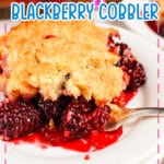 Slice of blackberry cobbler on a small plate.