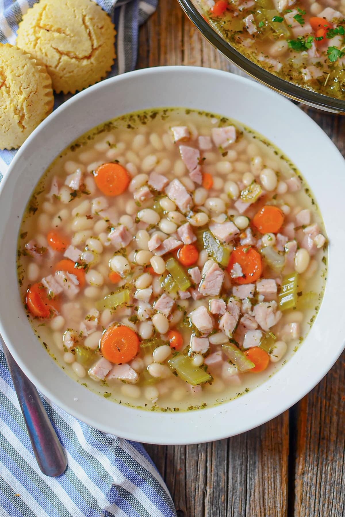 Bowl full of ham and bean soup.
