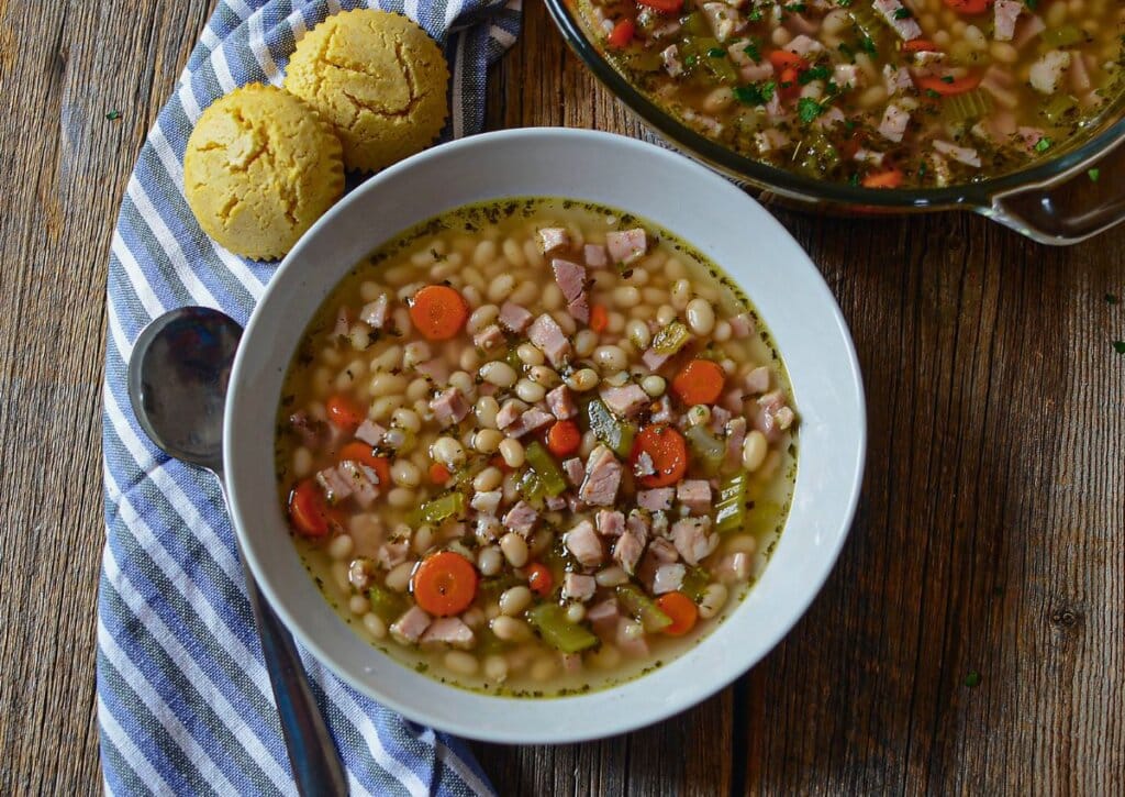 Bowl full of ham and bean soup.