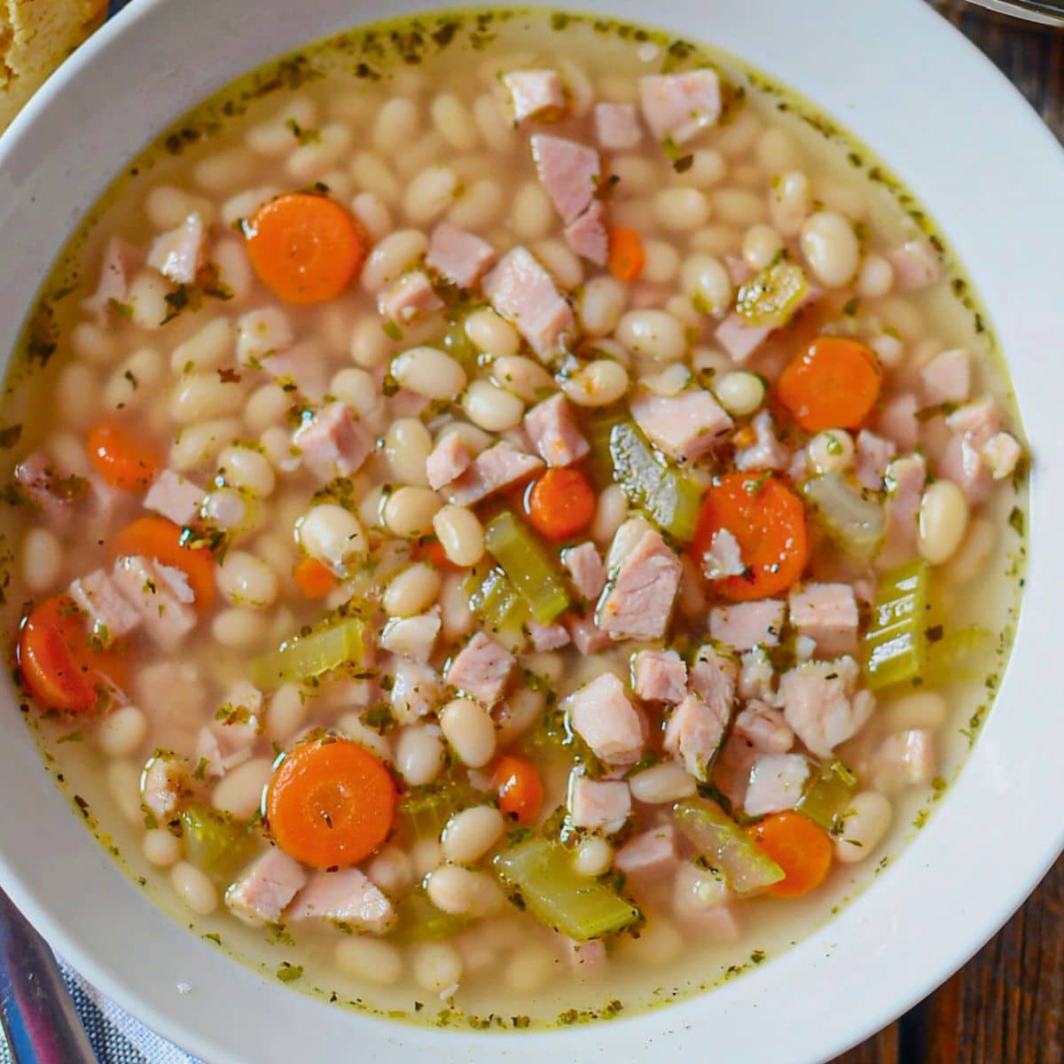 Bowl full of ham and bean soup.