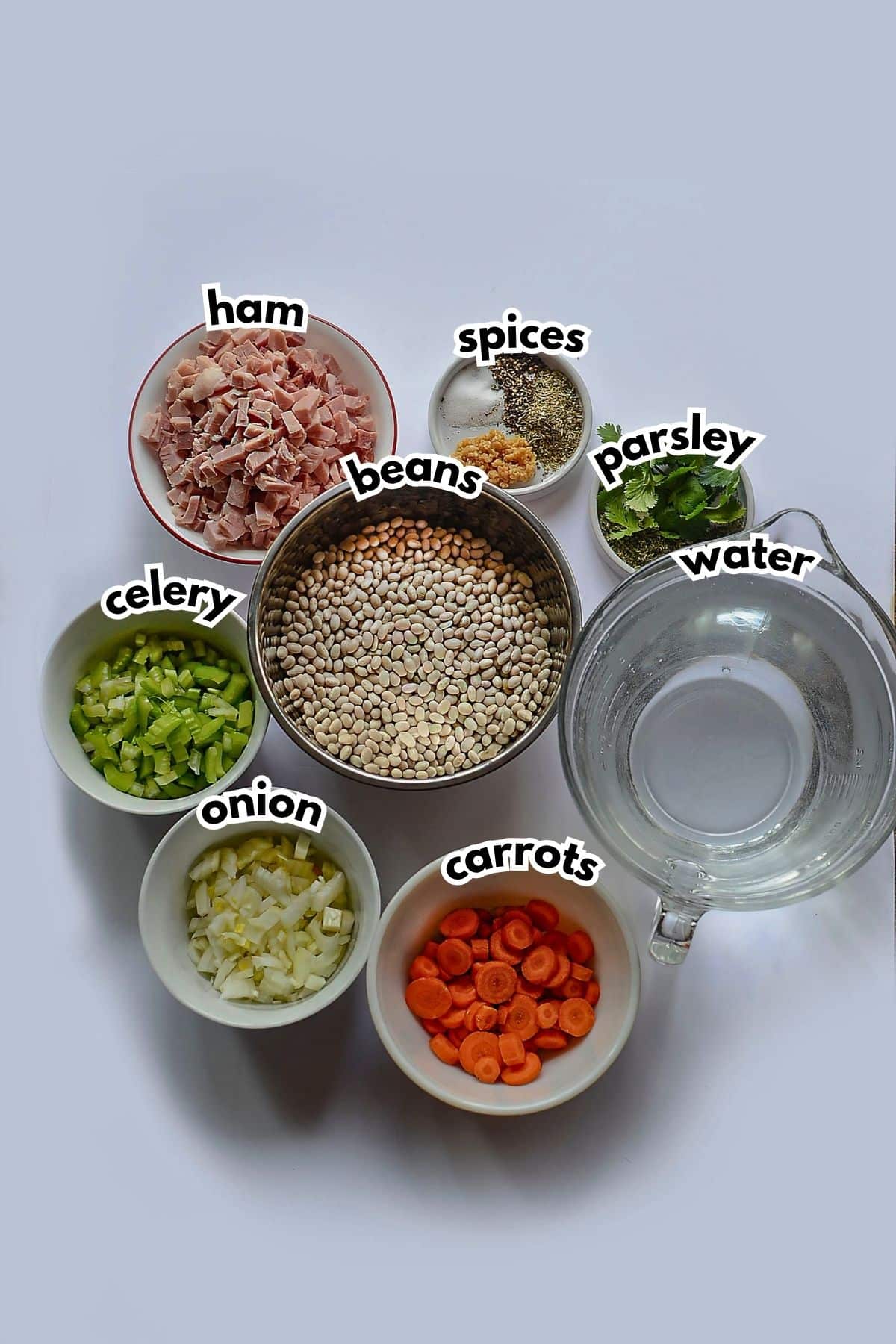 Bowls of ingredients labeled with text.