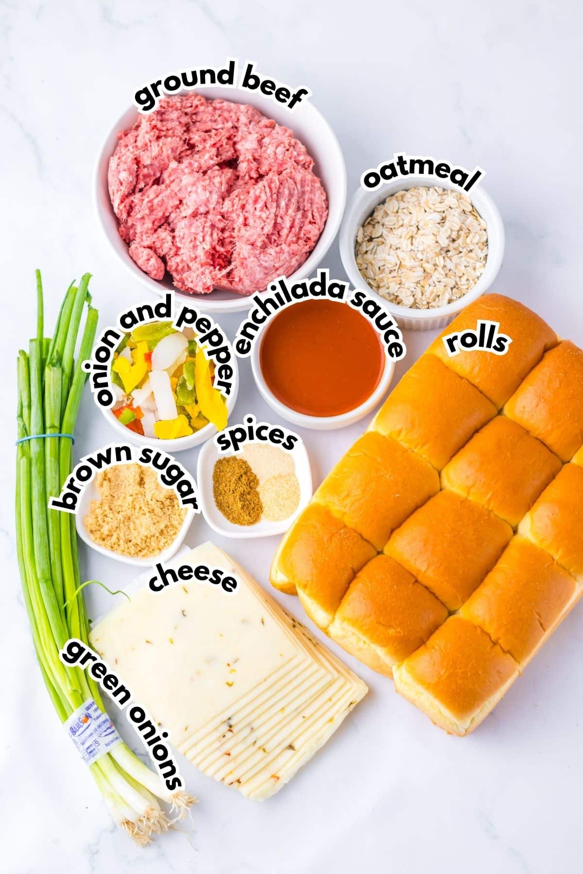 Ingredients on a counter labeled with text.