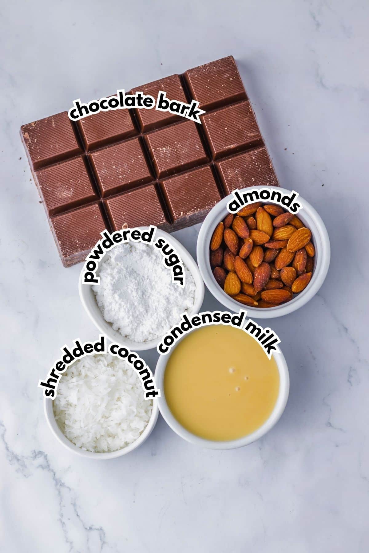 Ingredients on a counter labeled with texts.
