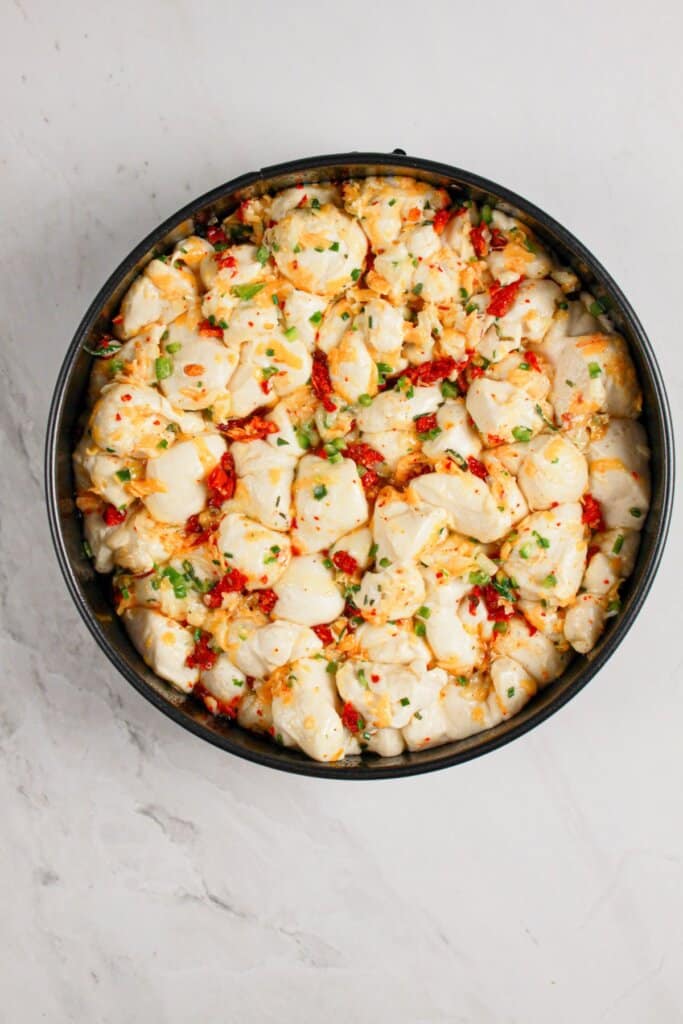 Dough in a baking dish.