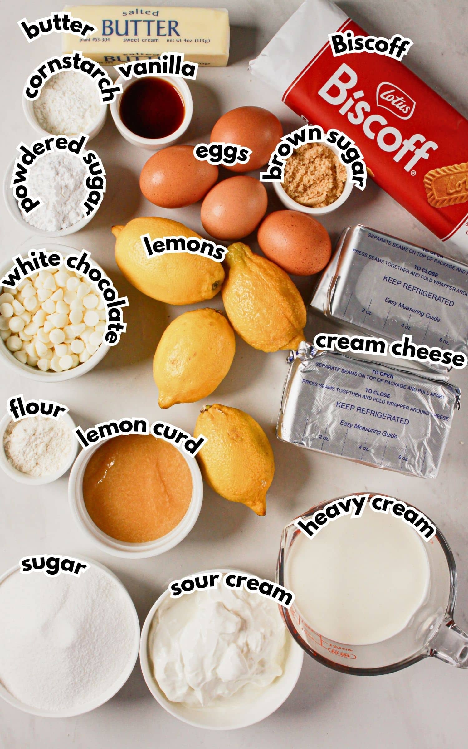 Ingredients labelled with text on a counter.