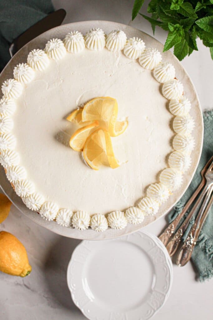 Overhead image of a cheesecake on a platter.