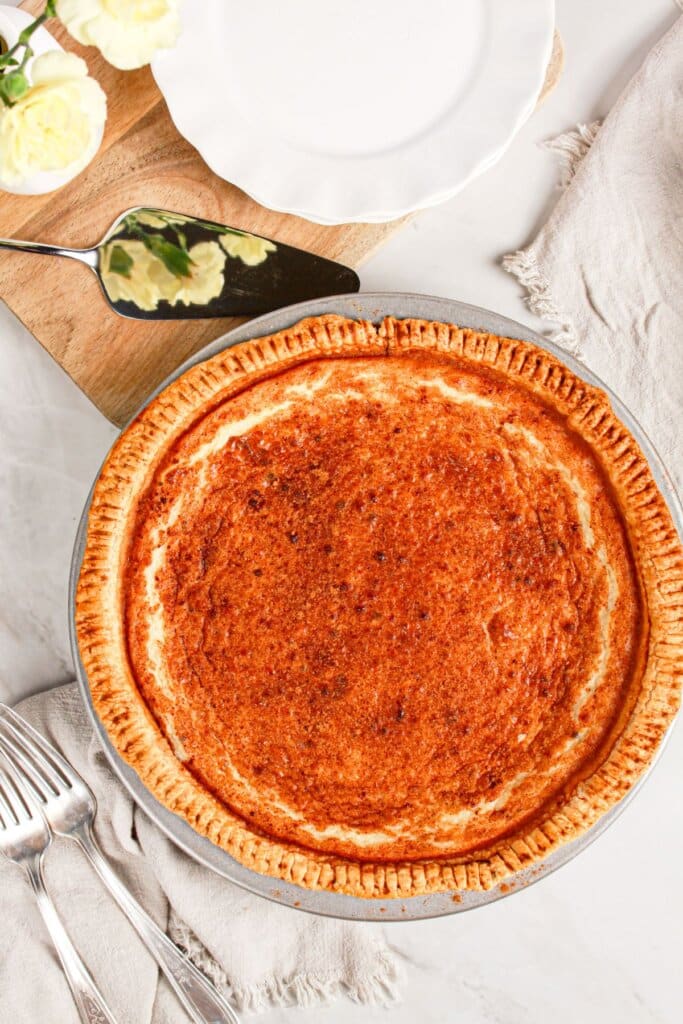 Finished pie on a counter.
