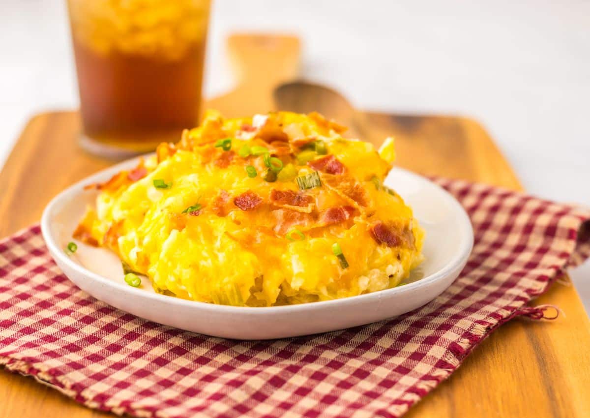 Serving of hashbrown casserole on a plate.