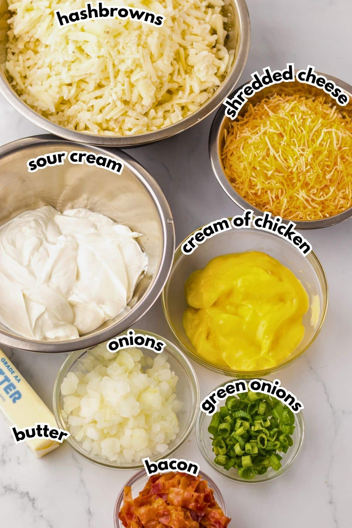Bowls of ingredients labeled with text.