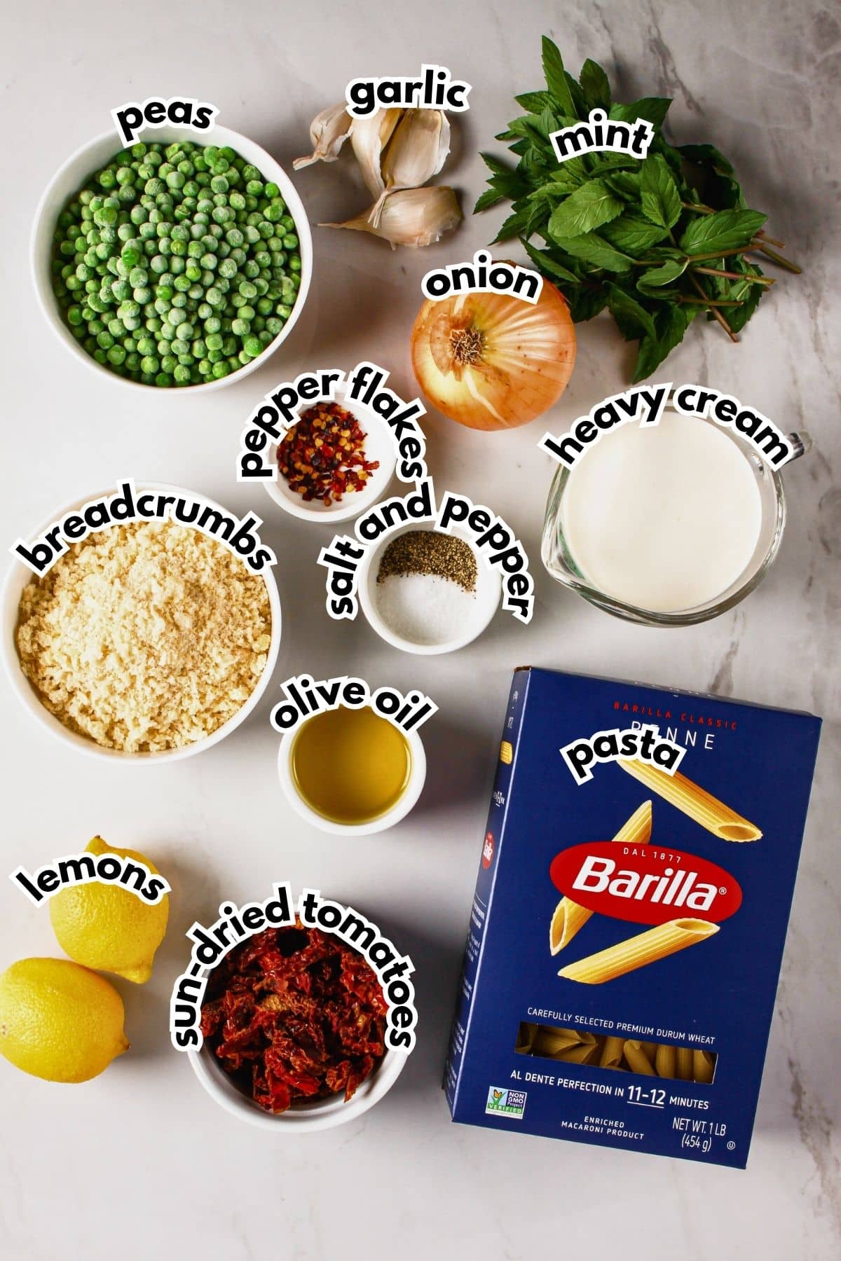 Bowls of ingredients labeled with text.