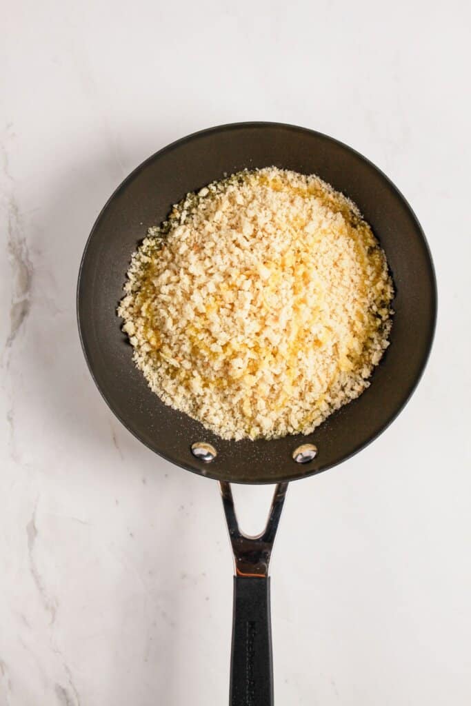 Breadcrumbs in skillet.