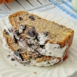 Slices of oreo loaf cake on a small plate.