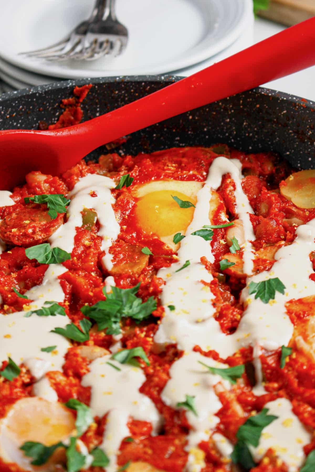 Skillet full of shakshuka.