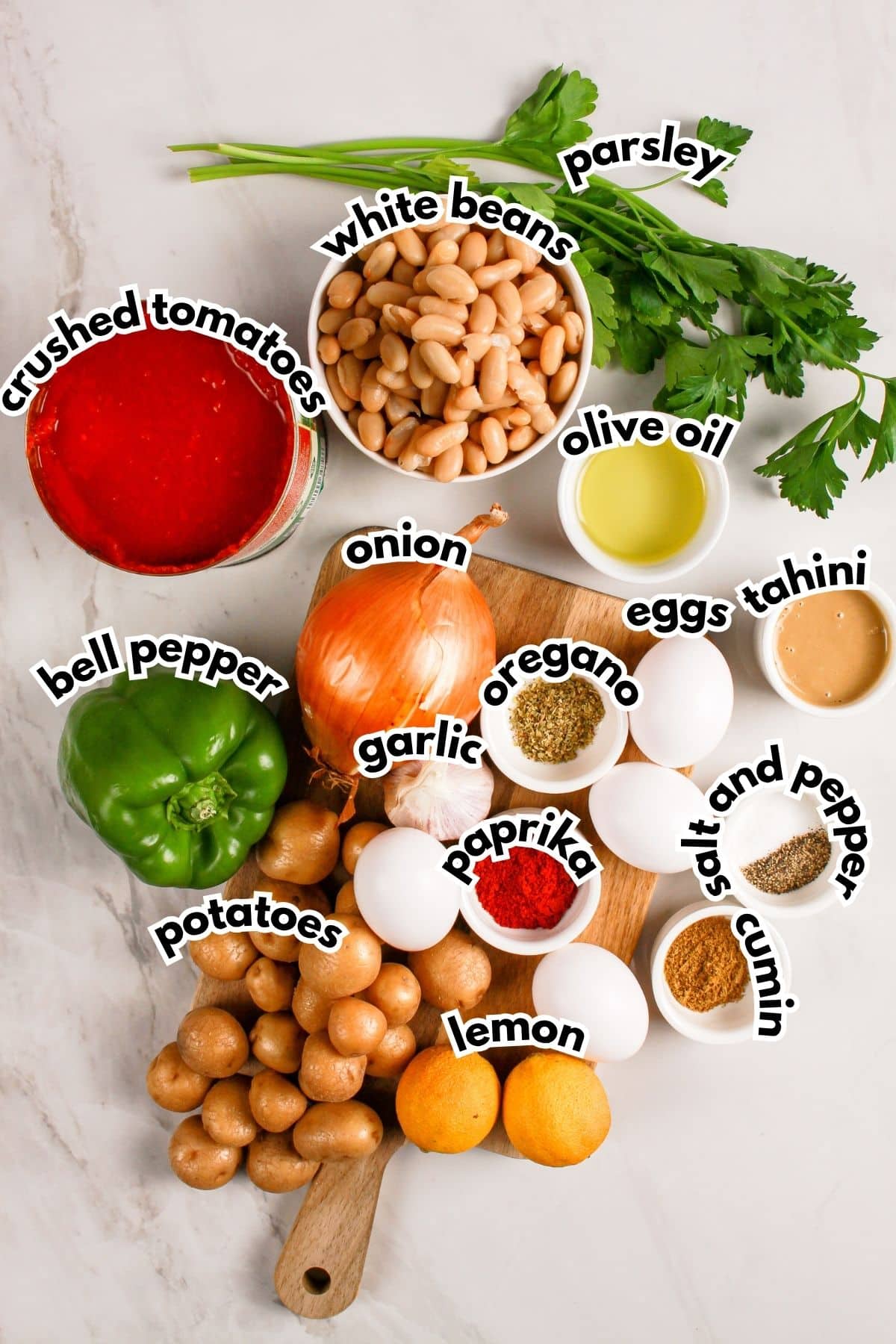 Ingredients on a counter. Labeled with text.