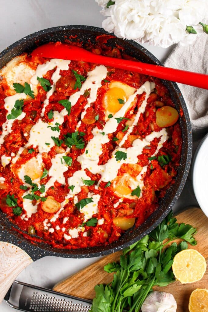Skillet full of shakshuka.