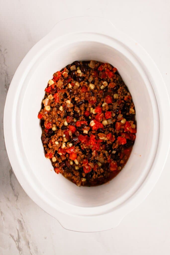 Beef mixture in a crockpot.