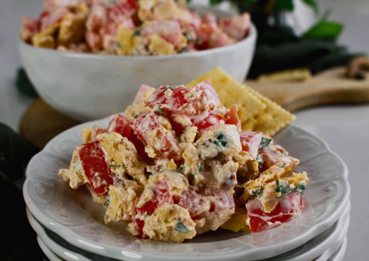 Tomato cracker salad on a small plate.