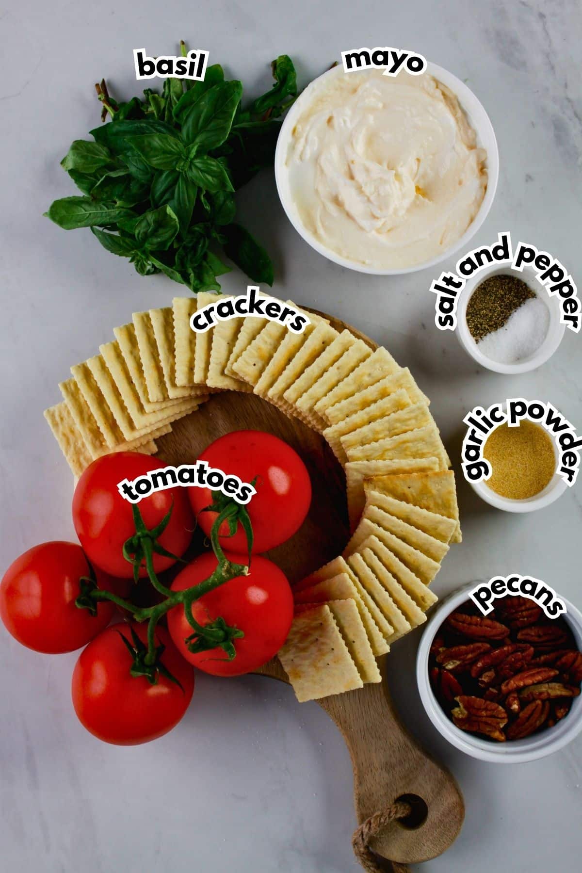 Ingredients labeled with text on a counter.