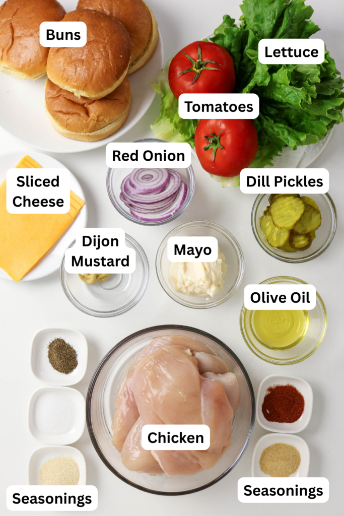 Ingredients for grilled chicken sandwich.