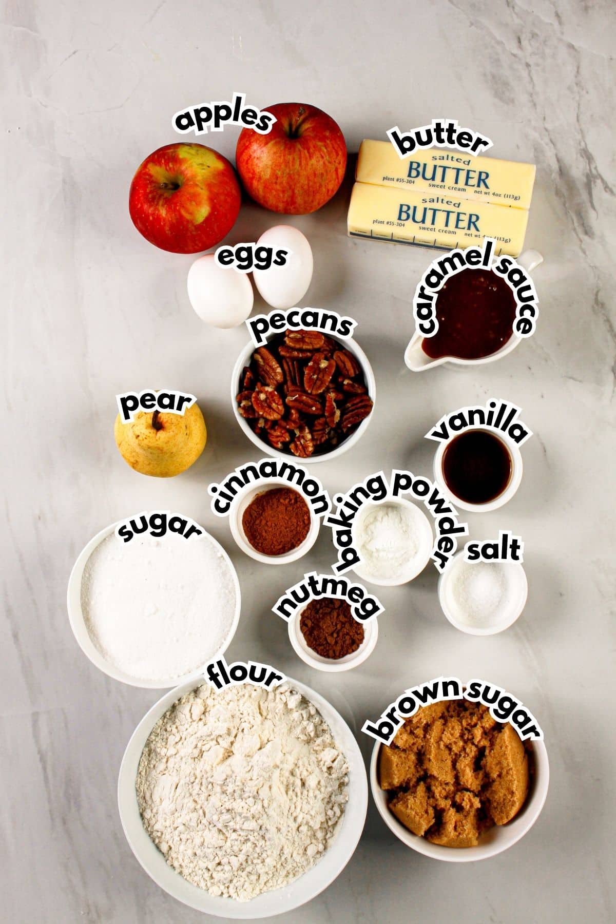 Bowls of ingredients labeled with text.