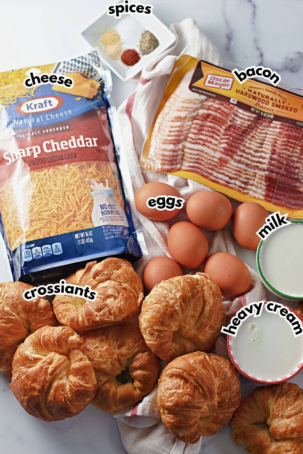 Ingredients labeled with text on a counter.