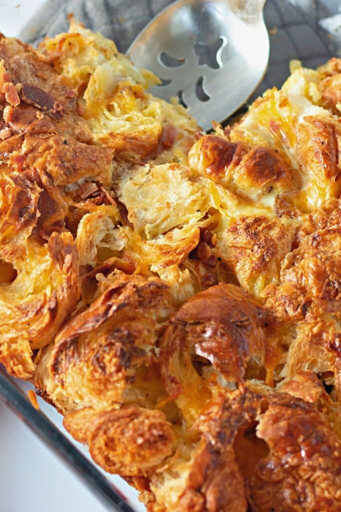 Casserole dish full of breakfast casserole.