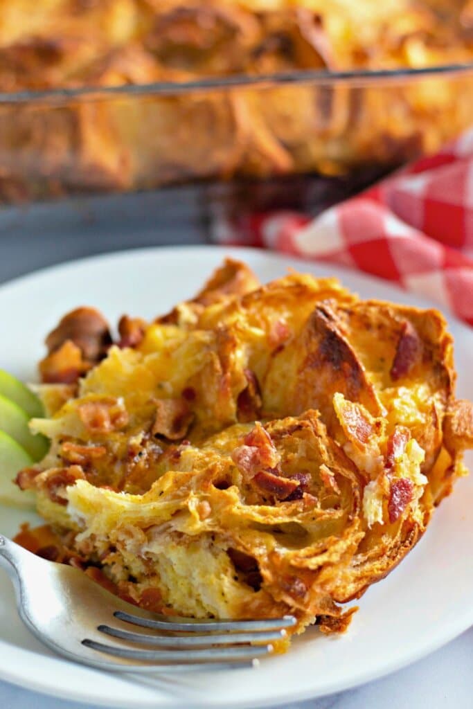 Serving of breakfast casserole on a plate.