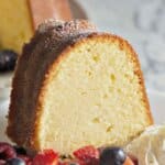 Slice of pound cake on a small plate.