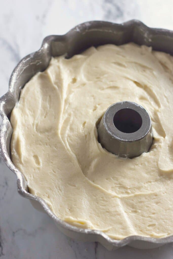 Batter in a baking dish ready for the oven.