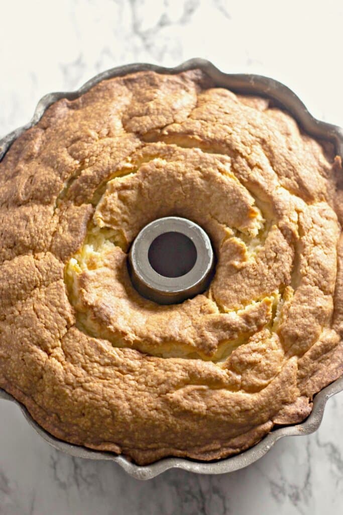 Cake cooling in a baking dish.