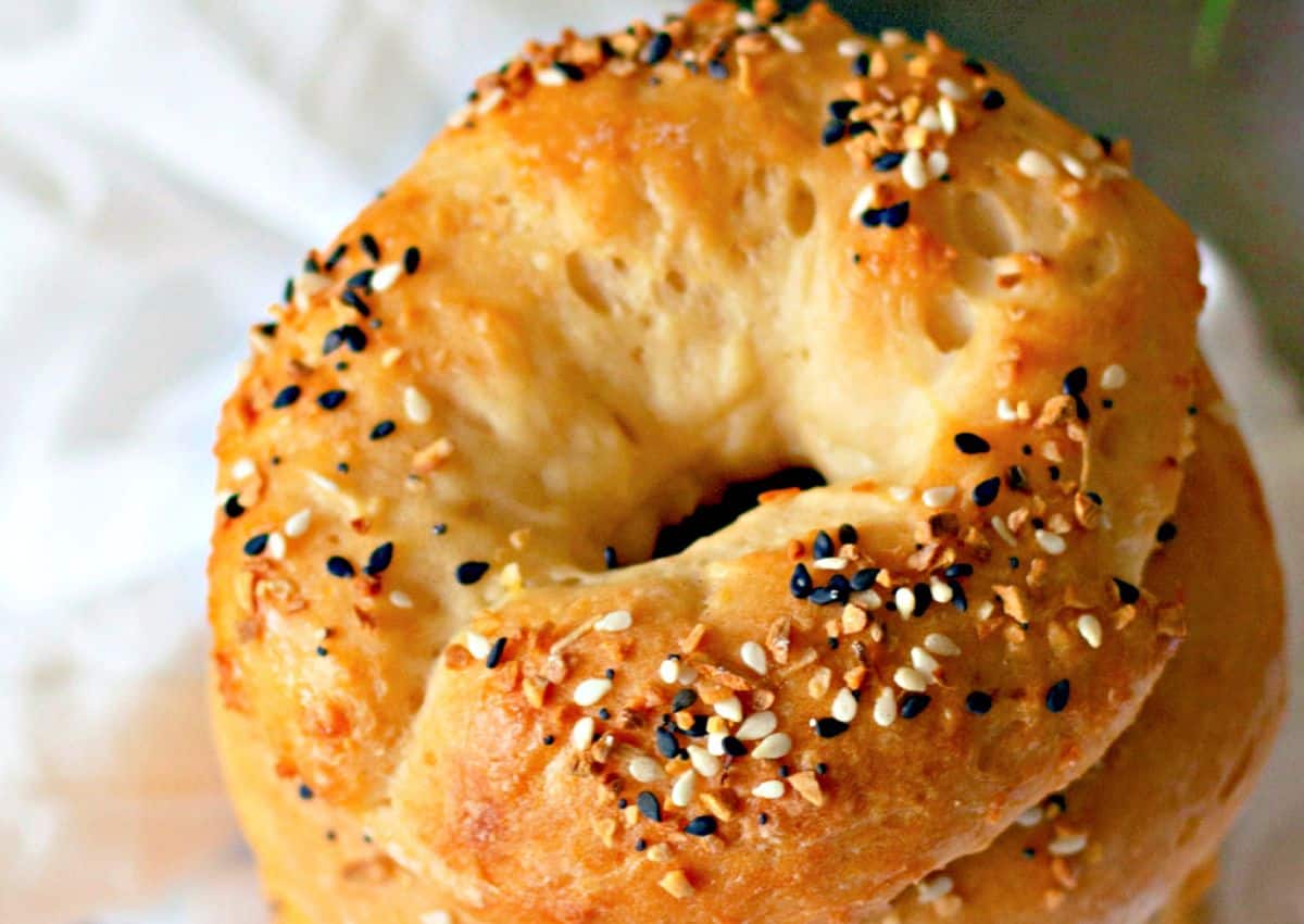 Greek yogurt bagels stacked on top of each other.