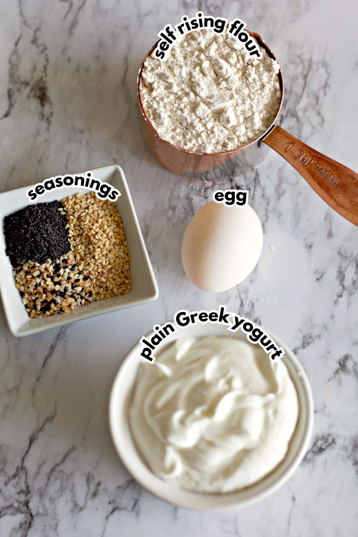 Bowls of ingredients labeled with text.
