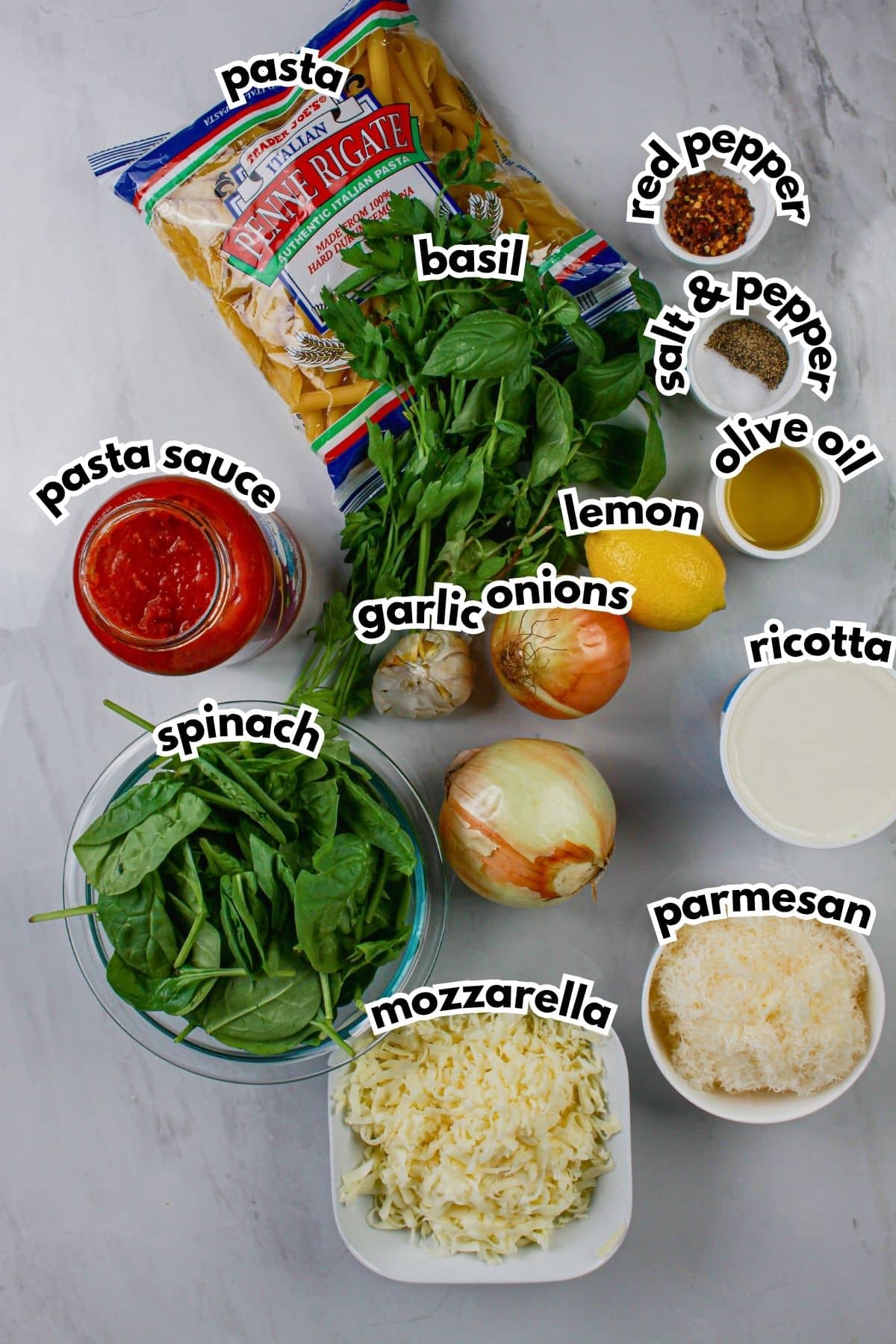 Bowls of ingredients labeled with text.
