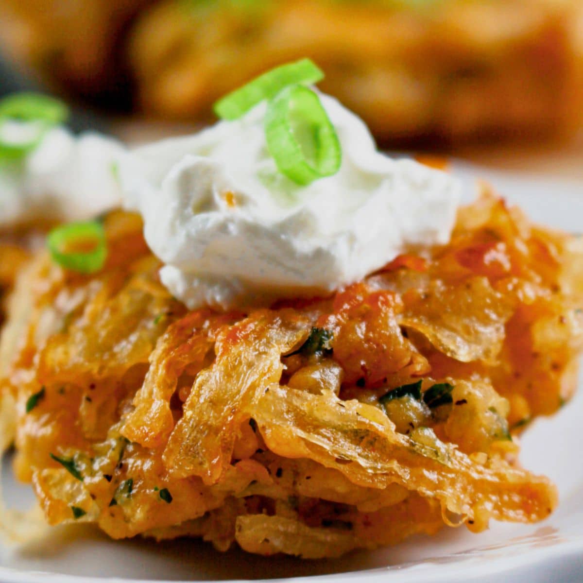 Onion fritter on a small white plate.
