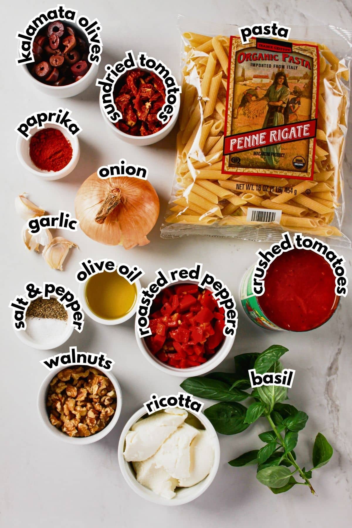Bowls of ingredients labelled with text.