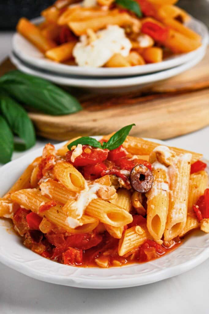 Plate full of penne napoli.