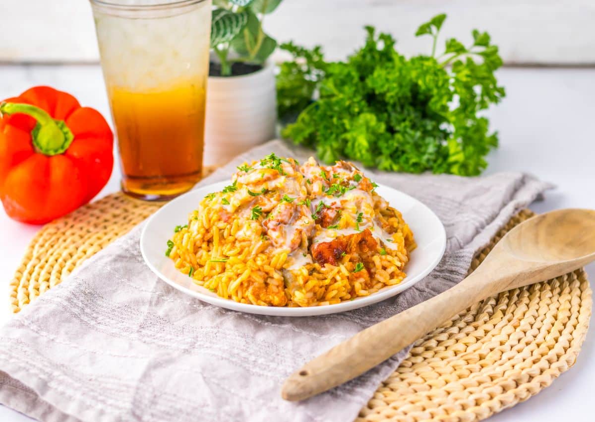 Plate of queso chicken and rice.