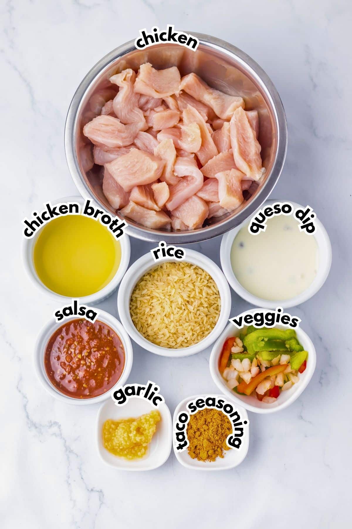 Bowls of ingredients labeled with text.