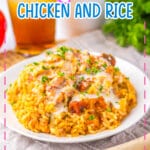 Plate of queso chicken and rice.