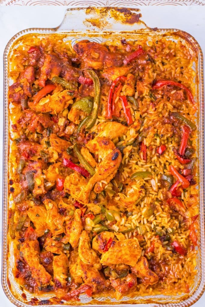 Baked main dish in a glass baking dish.