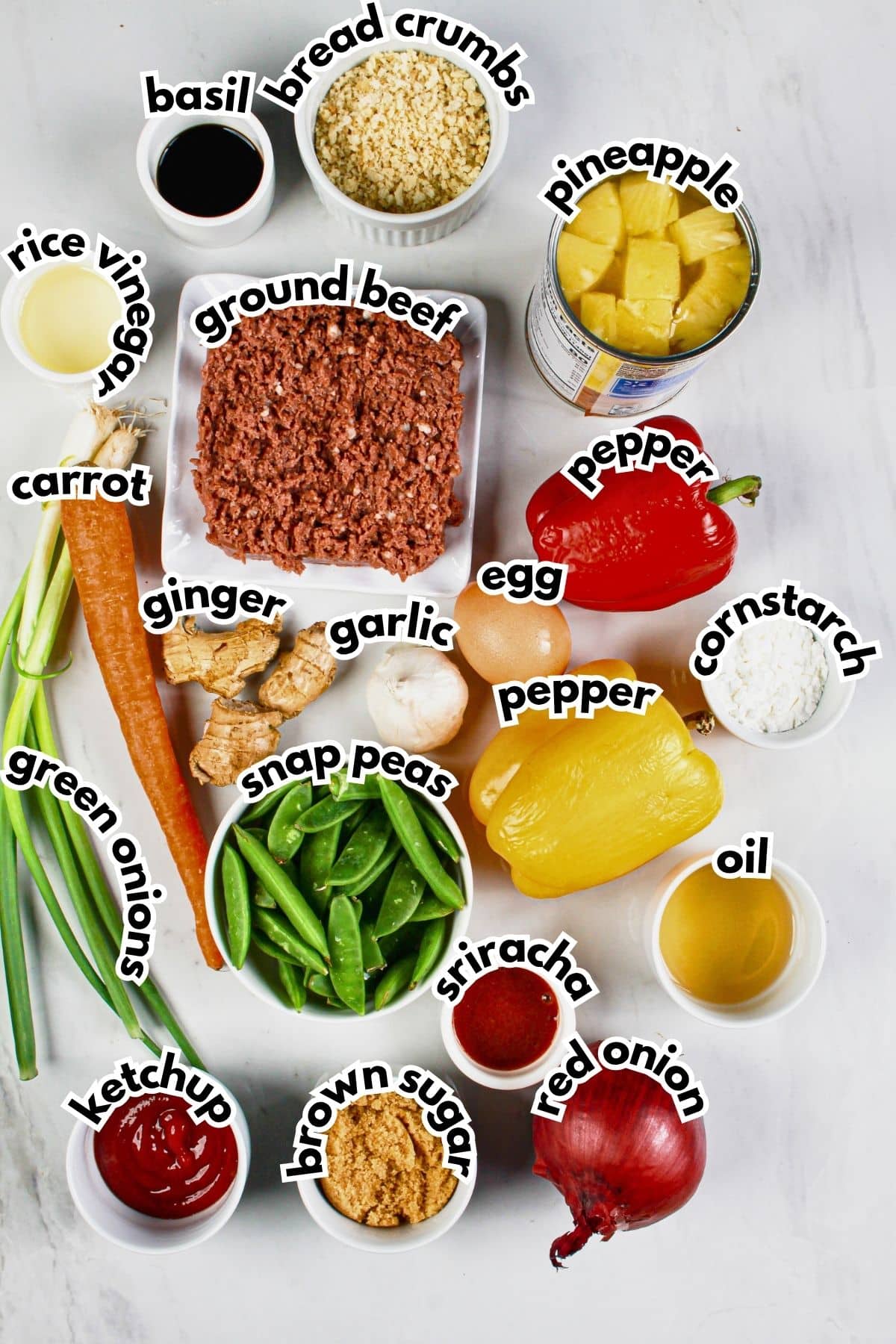 Bowls of ingredients labeled with text.